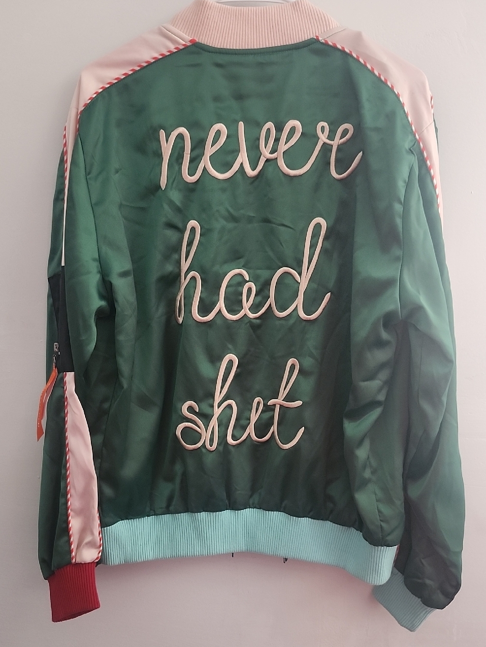 Atelier New Regime Green Satin Bomber with Pink Rib Collar